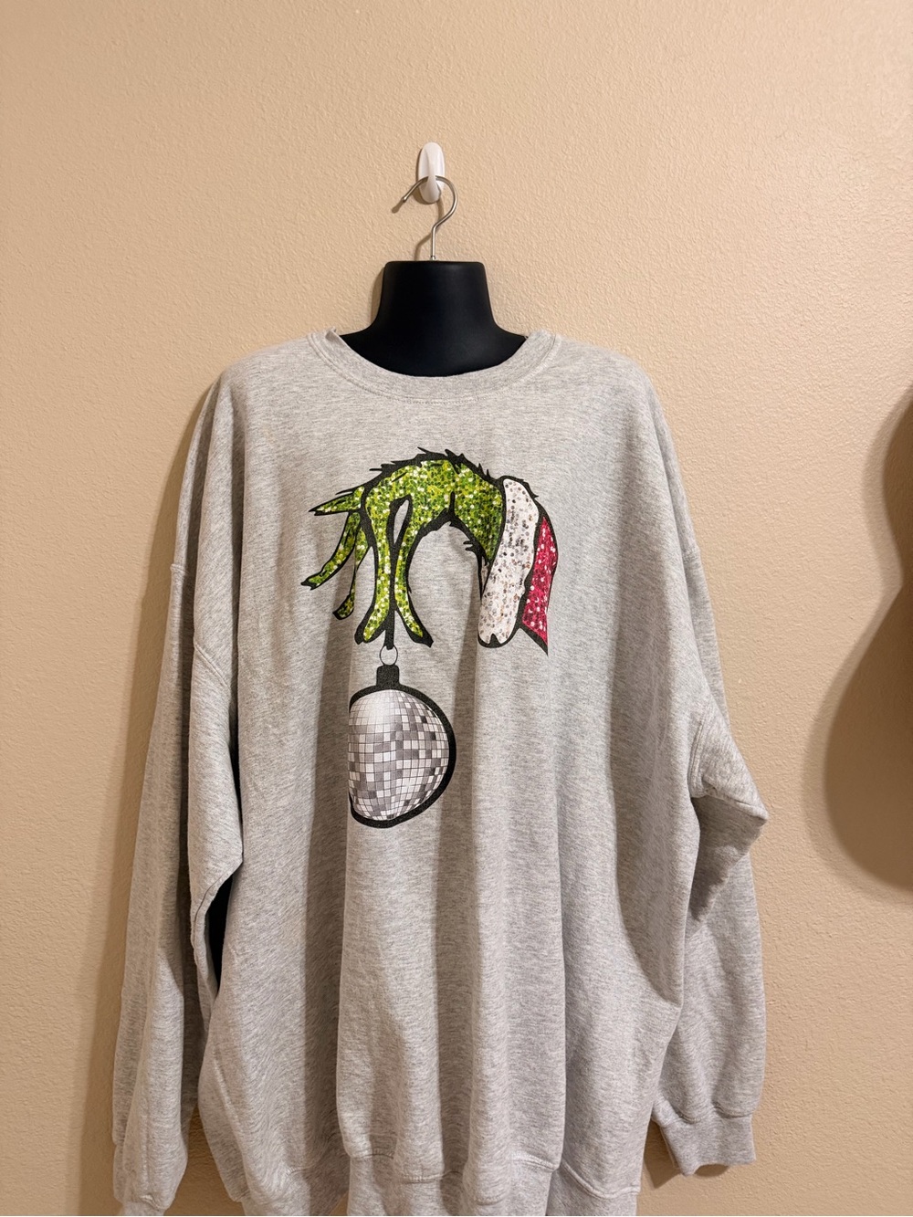 Gildan Gray Crewneck with Green Hand and Red Accent Graphic